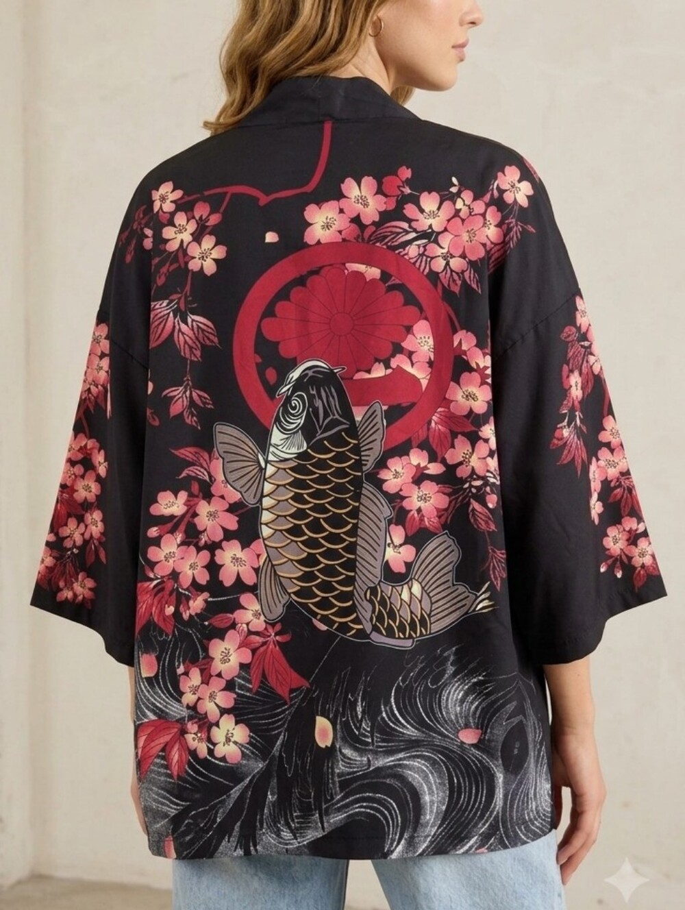 Japanese Black Cherry Blossom Koi Graphic Open Front Duster Kimono Cardigan, XXL